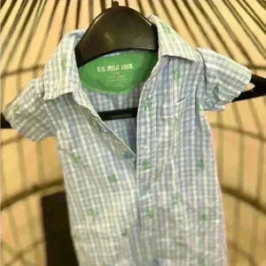 US POLO ASSN infant boys‎ romper blue green plaid short  sleeves.